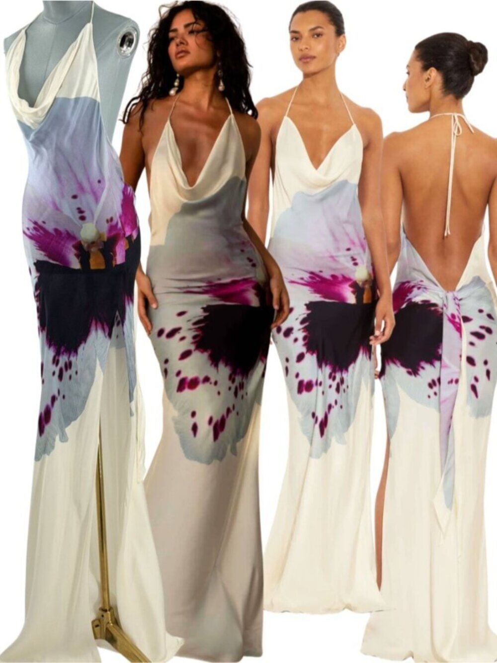 🆕 RAT & BOA 🧿 NWOT Angelina Cowl Neck Maxi Dress, White Printed Iris - Sz XS